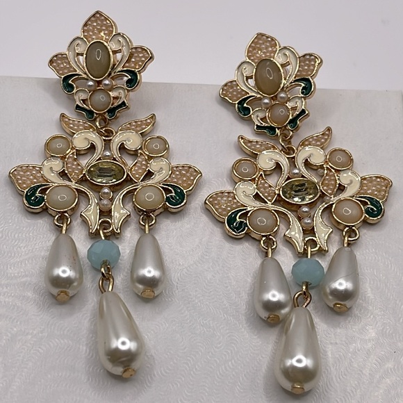 Gold and Cream Chandelier Fairy core giant floral pierced Earrings - Picture 2 of 10